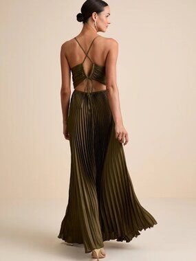 Lulus Dreaming in Color Olive Green V-Neck Pleated Satin Maxi Dress / Small